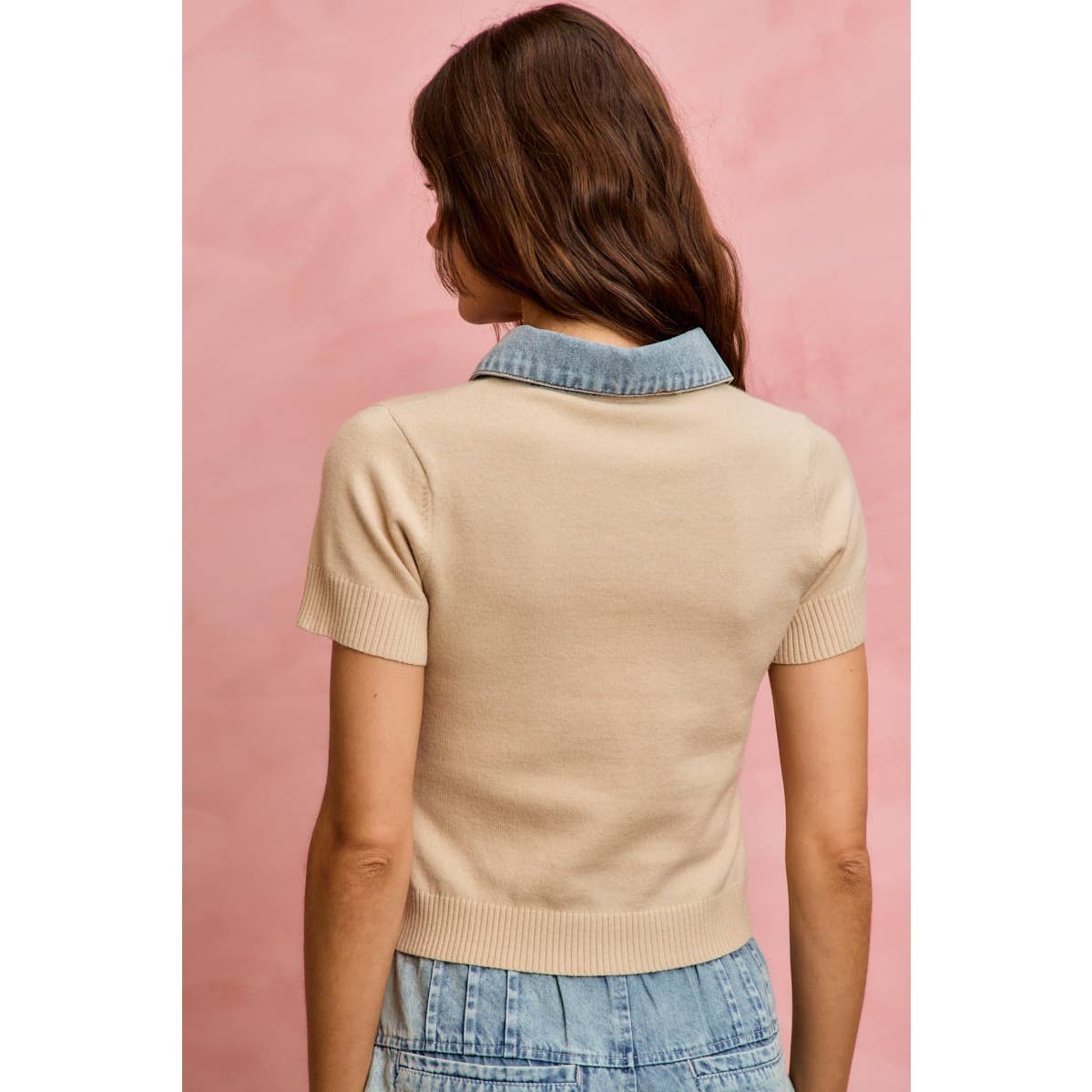 DENIM CONTRAST COLLARED SHORT SWEATER KNIT TOP