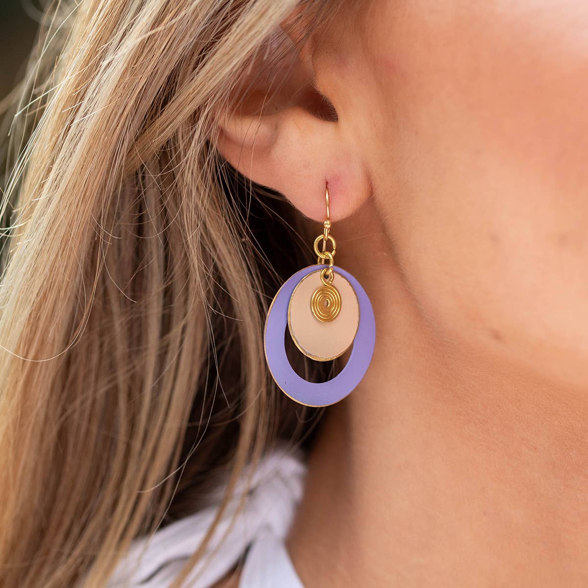Anja Brass Patina Earrings - Round Cut out Purple Layers