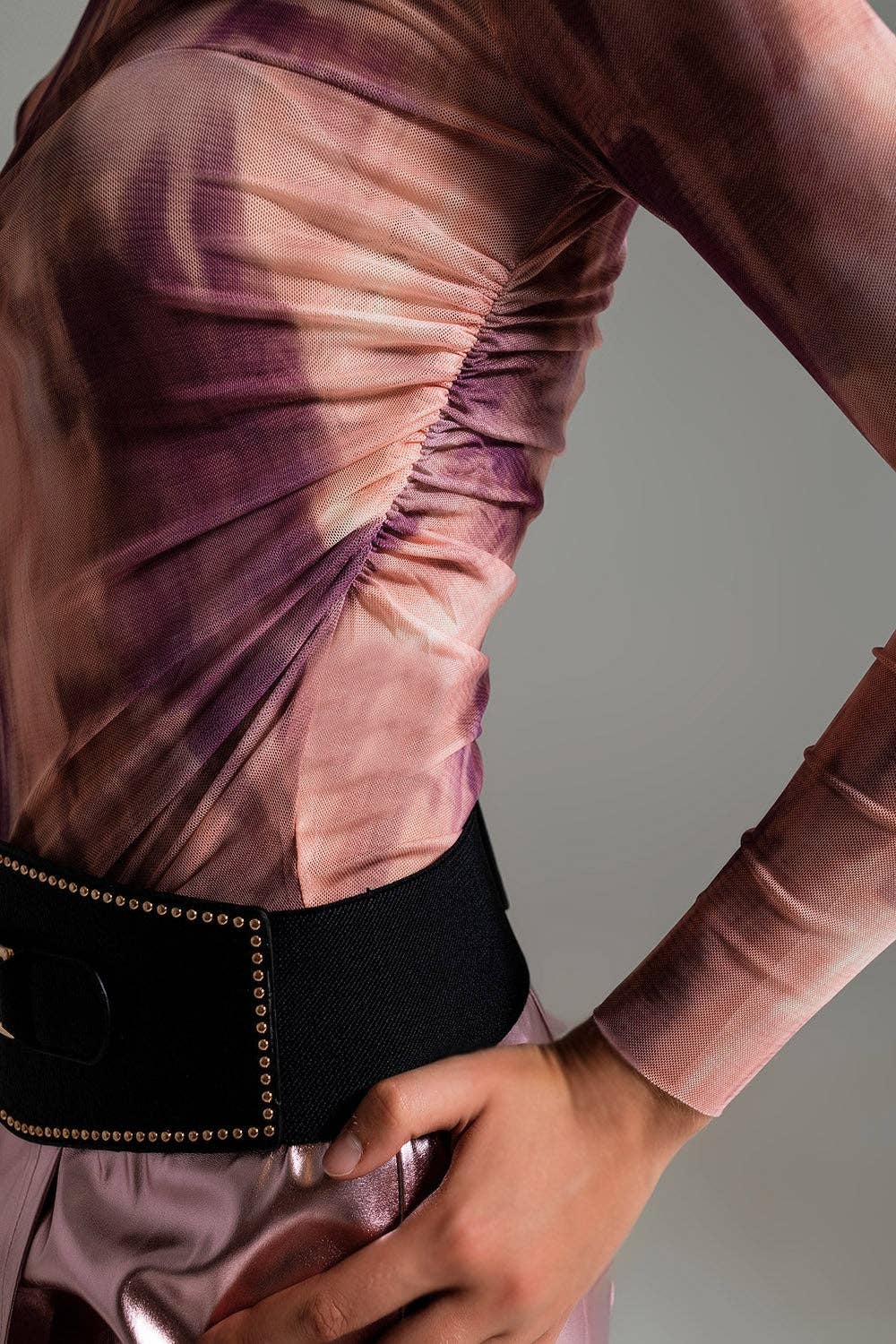 Q2 Mesh Top Rouched At The Side In Abstract Pink Print