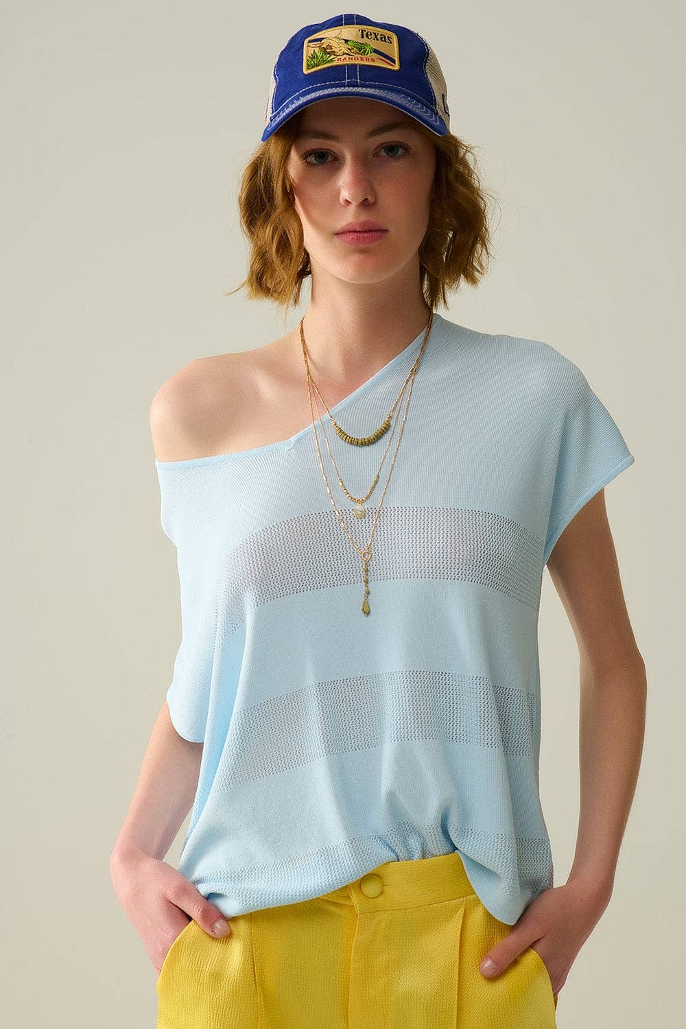 Q2 Baby Blue V-neck sweater with open knit detail One Size