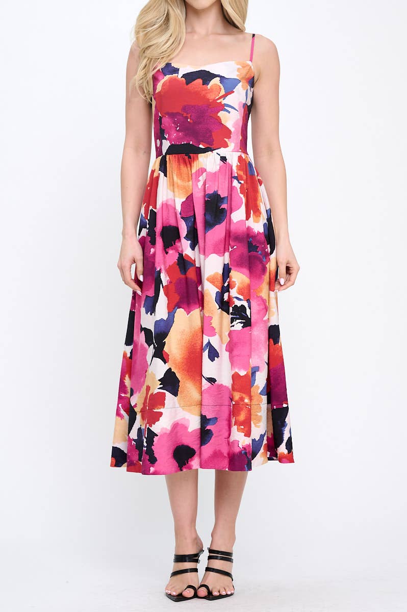 Made in USA Floral Print Midi Dress with Smock Back Detail