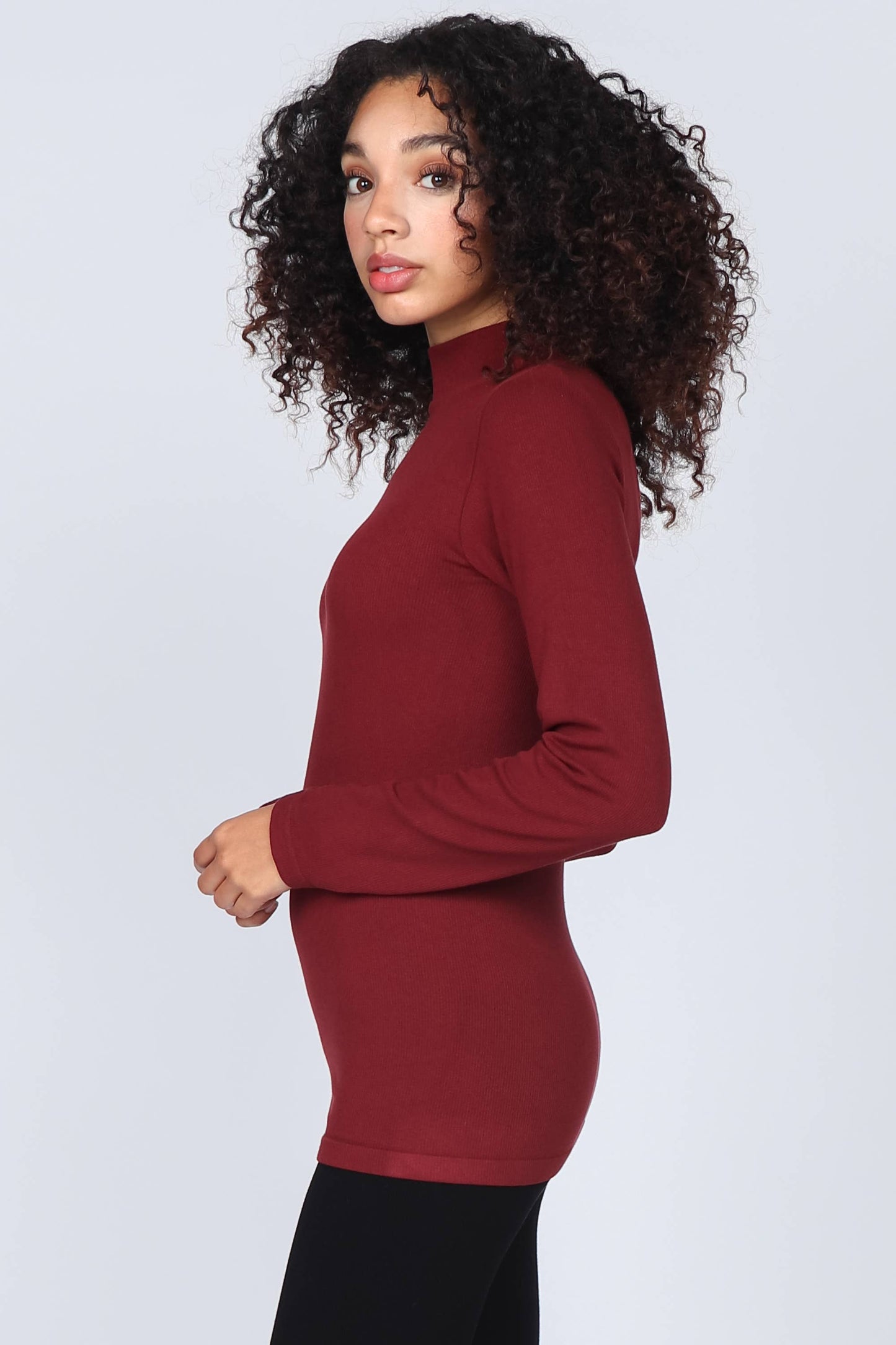 M.Rena Ribbed Mock Neck Long Sleeve Top Black