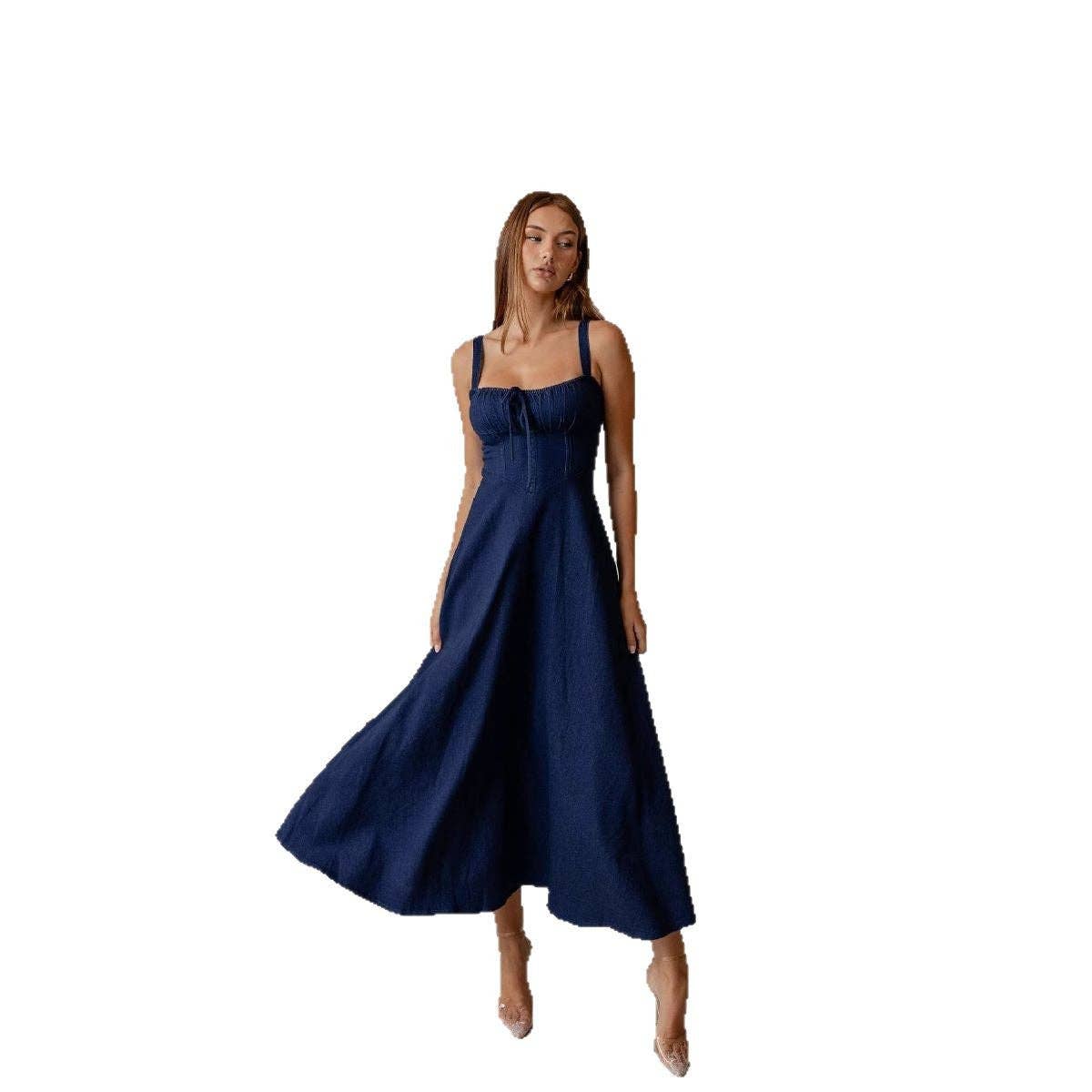 New Sleeveless Denim A-Line Dress with Open Back