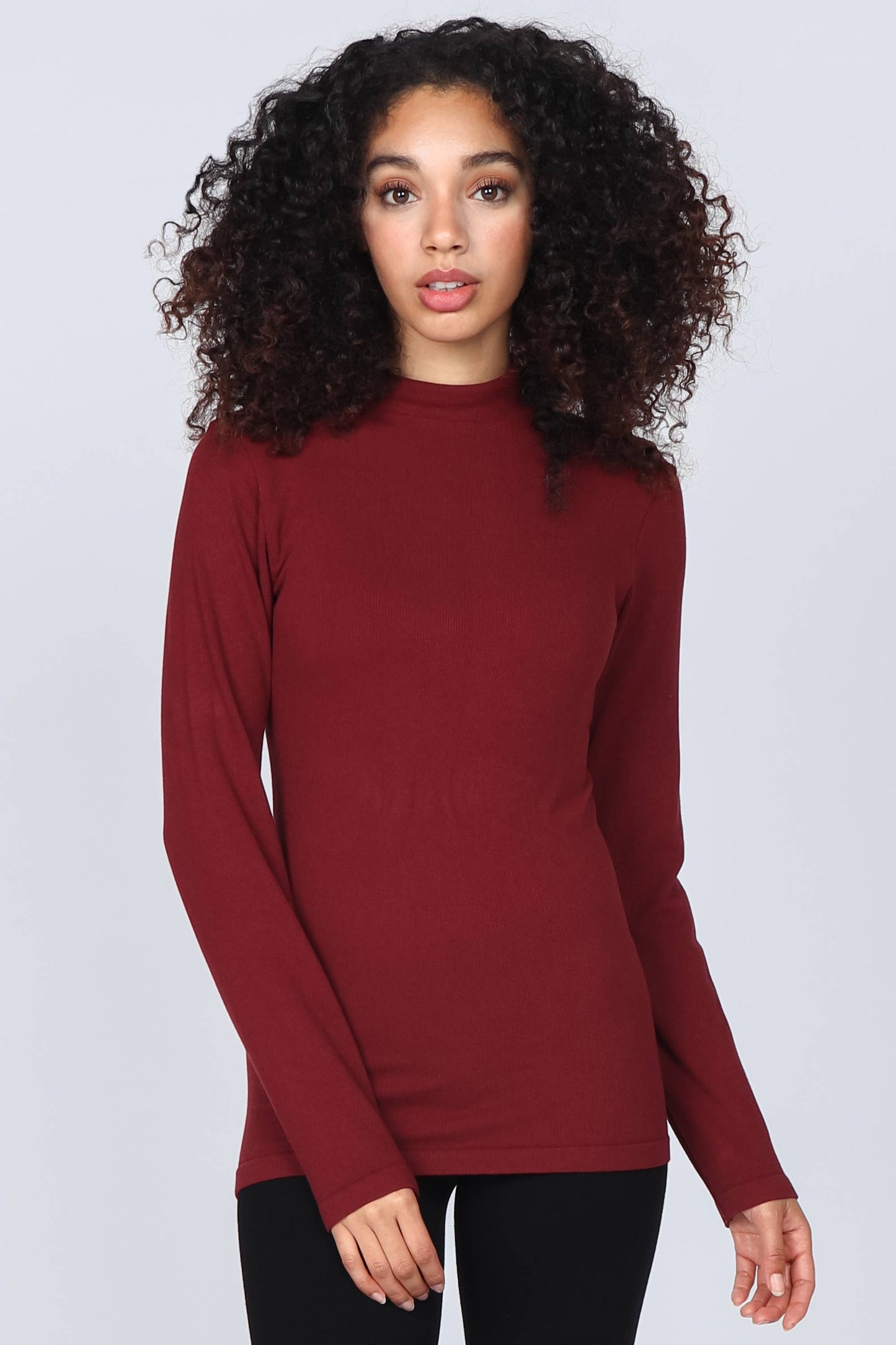 M.Rena Ribbed Mock Neck Long Sleeve Top Black