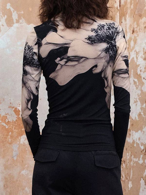 Alter'd Flower Print Long Sleeves Skinny Mock Neck T-Shirts Tops