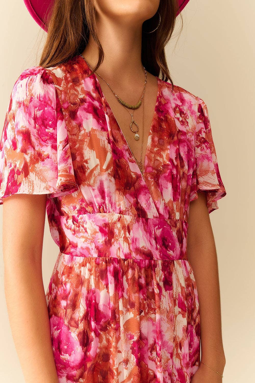 q2 Maxi Tiered Romantic Dress With chiffon Floral Print In Pink