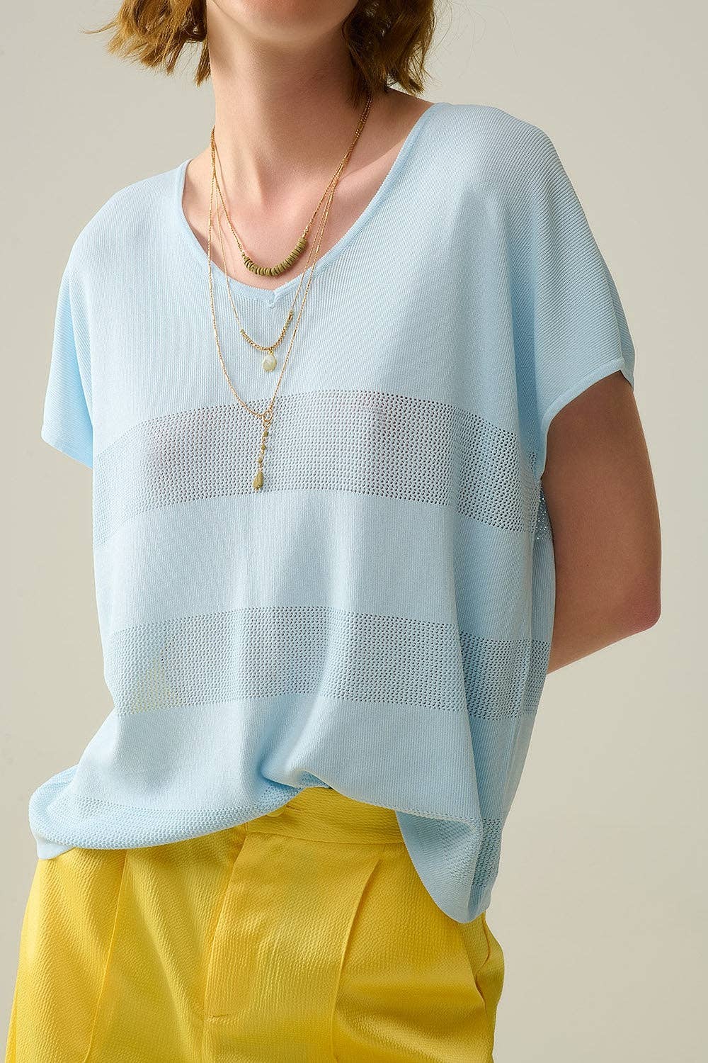 Q2 Baby Blue V-neck sweater with open knit detail One Size