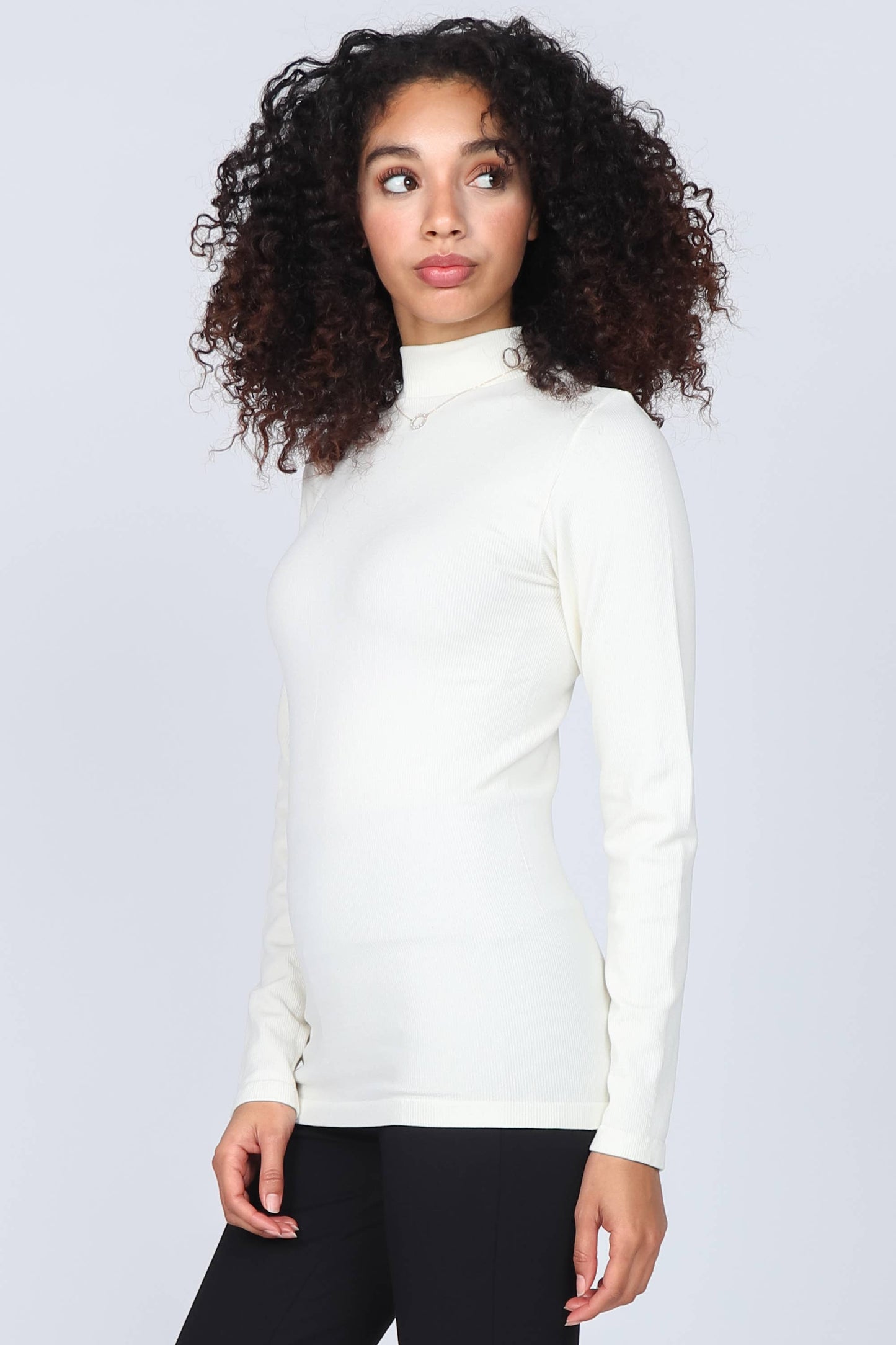 M.Rena Ribbed Mock Neck Long Sleeve Top Black