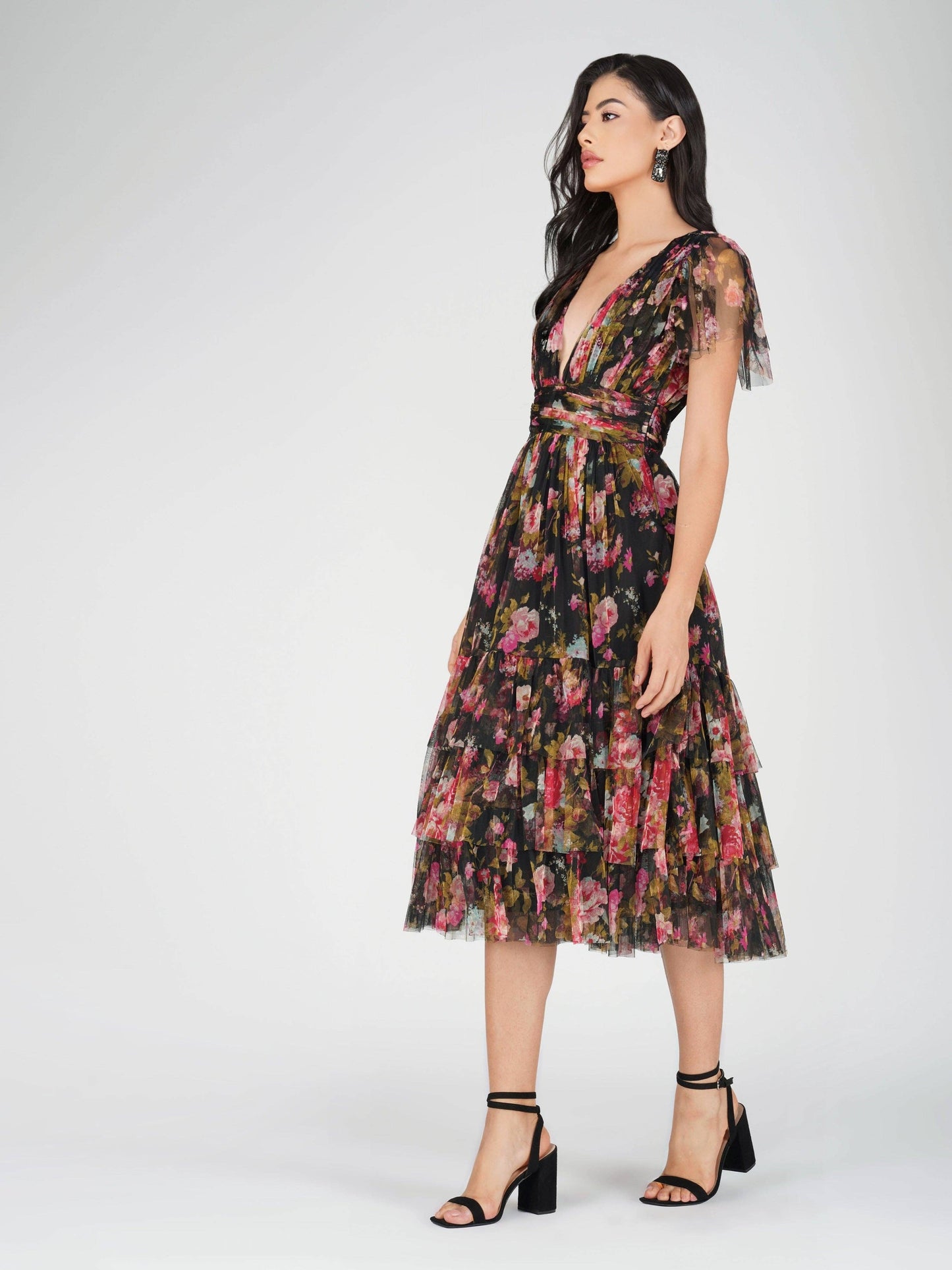 Lace & Beads Madison Black Floral Tulle Midi Dress