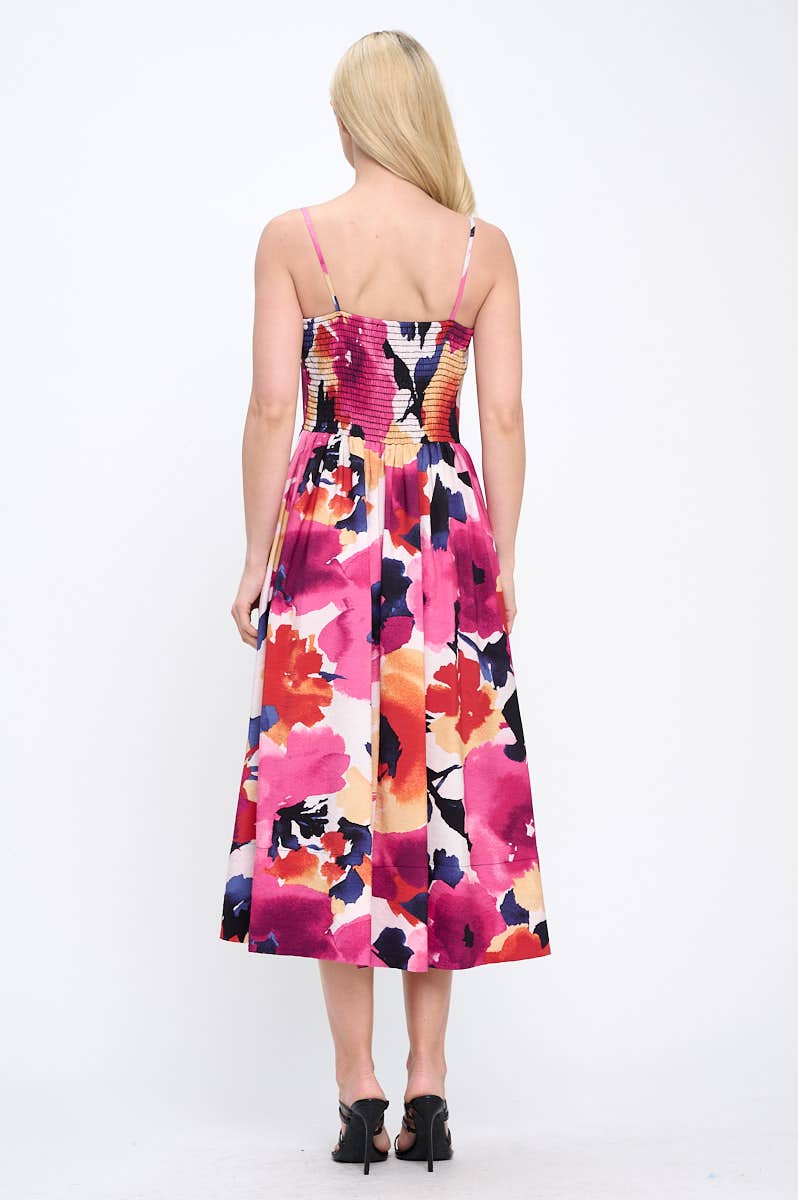Made in USA Floral Print Midi Dress with Smock Back Detail