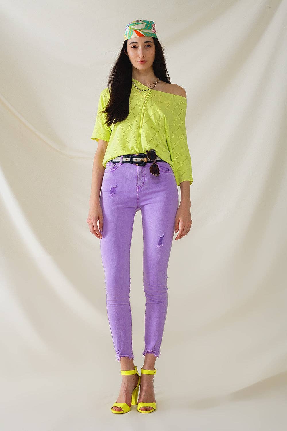 Q2 Lime Colored Short Sleeve Sweater With Argyle Pattern One Size