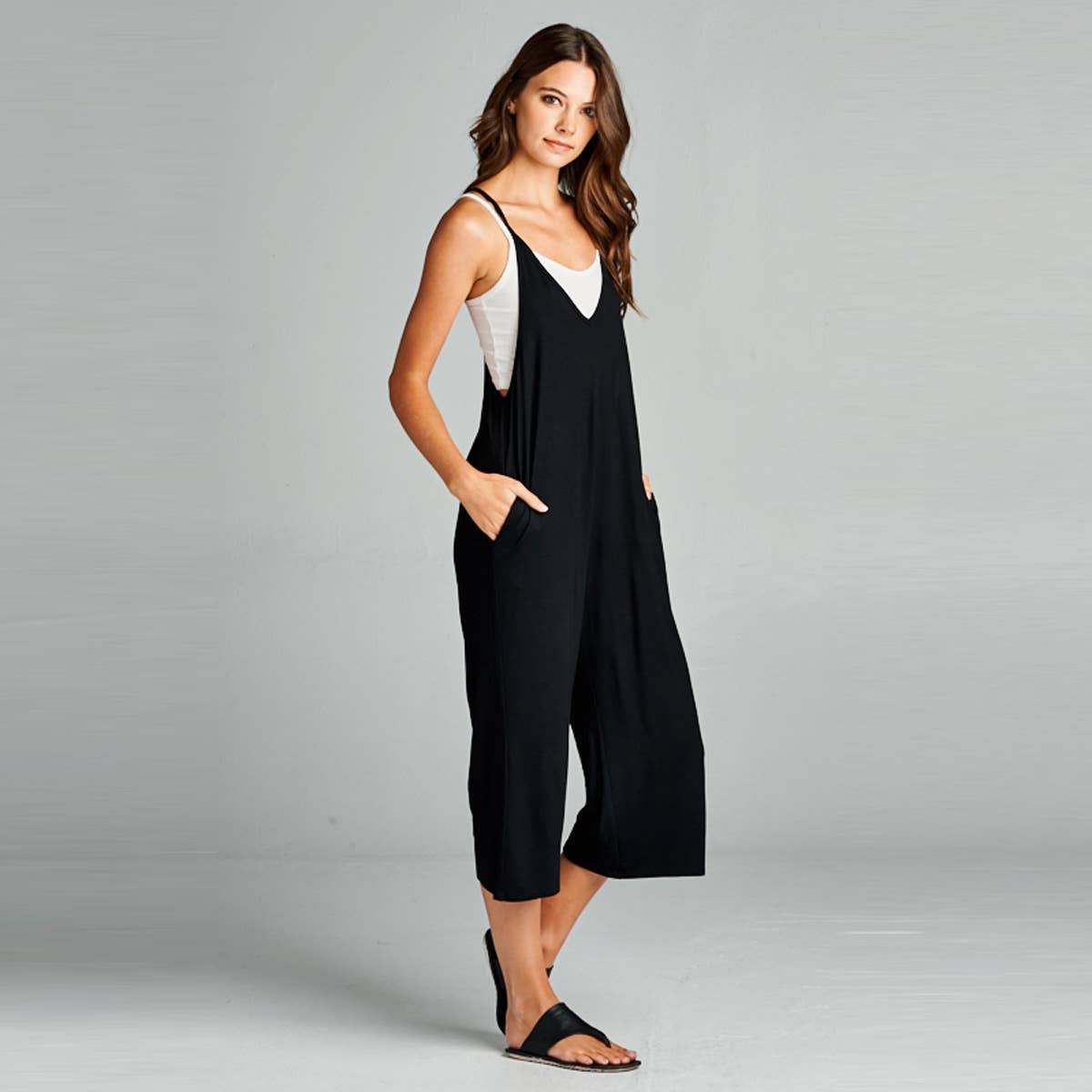 Love People Loose Fit V Neck Capri Jumpsuit