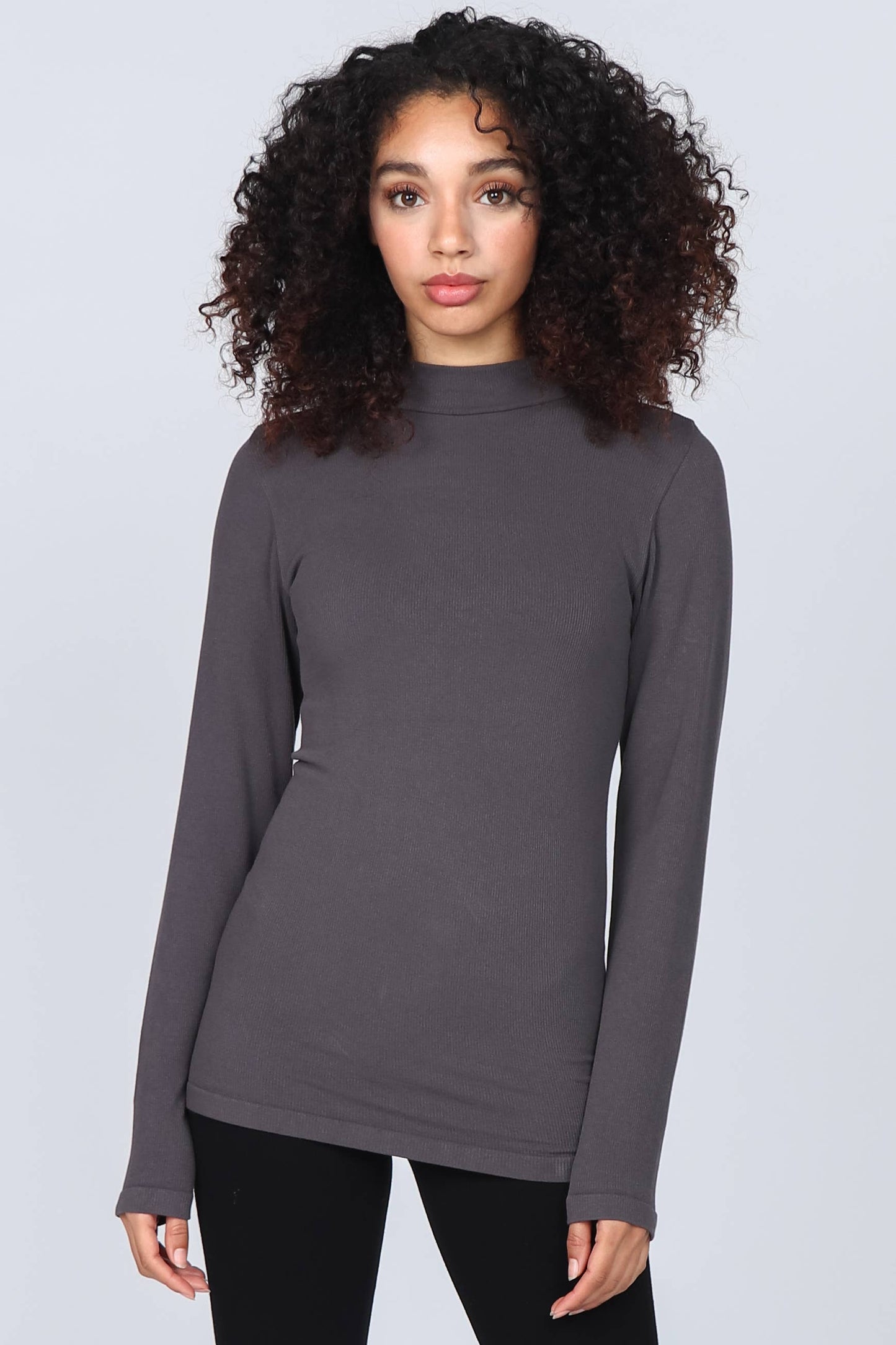 M.Rena Ribbed Mock Neck Long Sleeve Top Black