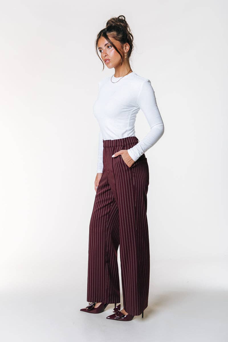 Clourful Rus Pinstripe Straight Pants | Merlot Red