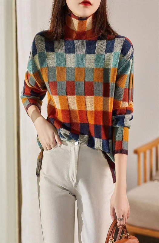 Mint Vibrant Colorful Checkerboard Knit Sweater