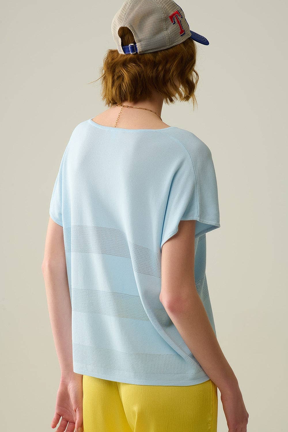 Q2 Baby Blue V-neck sweater with open knit detail One Size