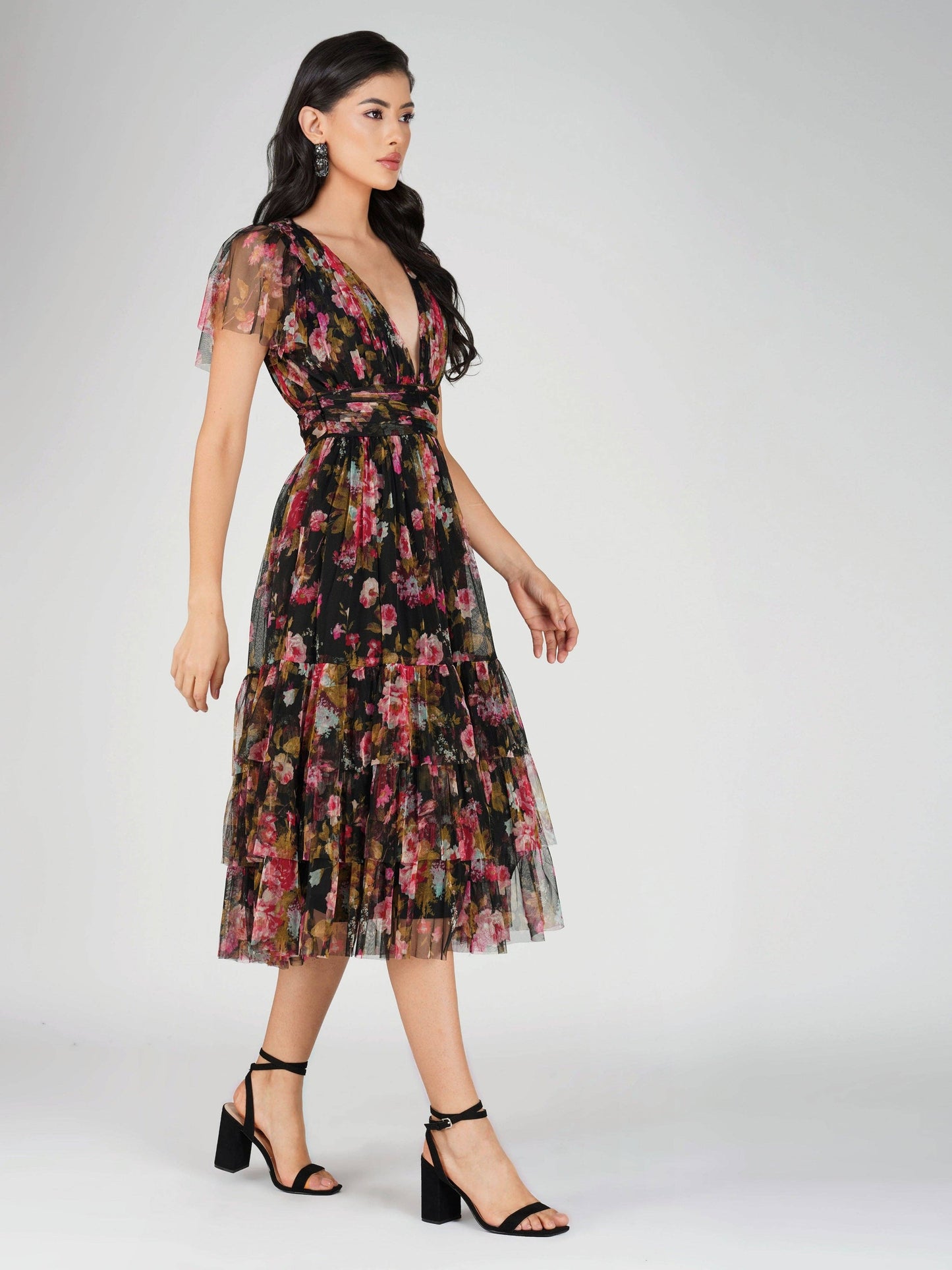 Lace & Beads Madison Black Floral Tulle Midi Dress