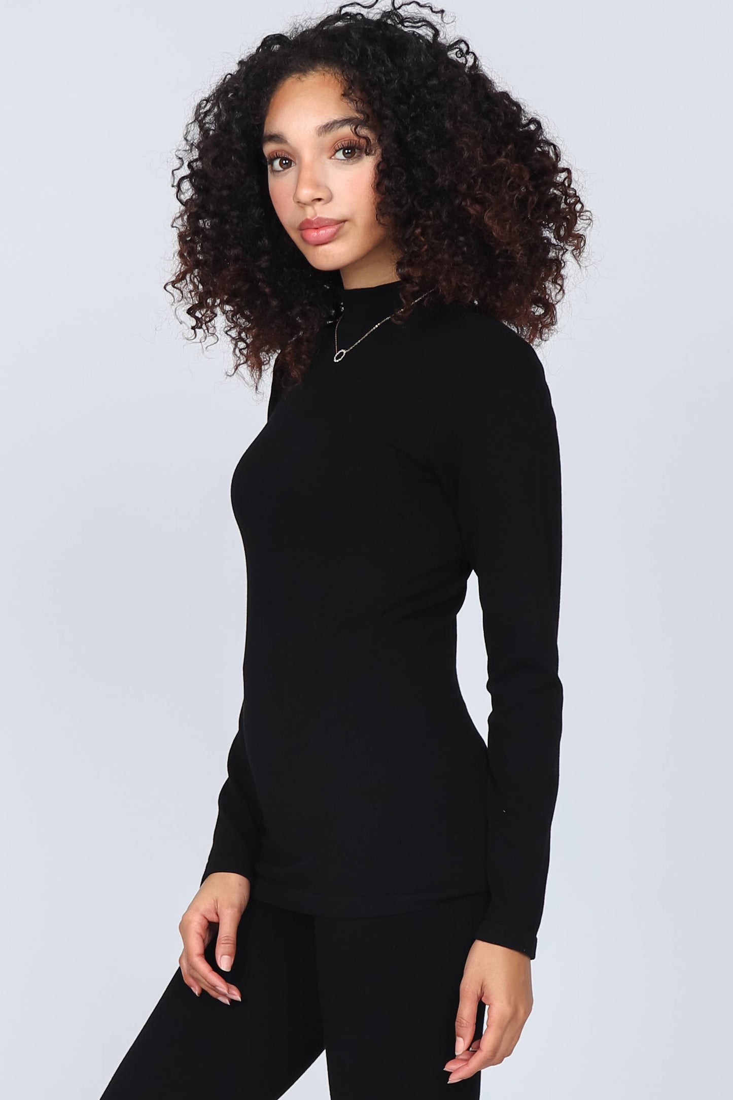 M.Rena Ribbed Mock Neck Long Sleeve Top Black