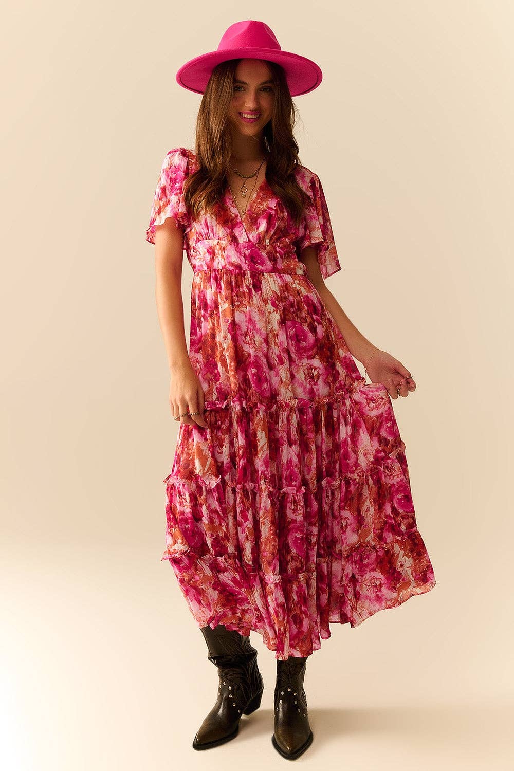 q2 Maxi Tiered Romantic Dress With chiffon Floral Print In Pink