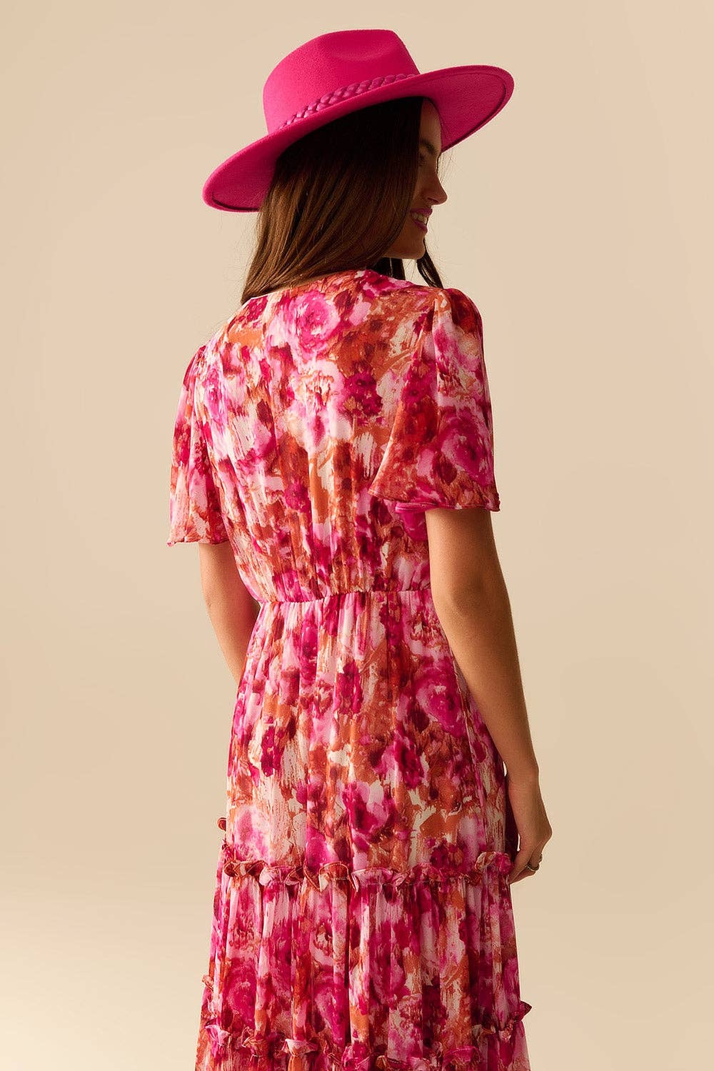 q2 Maxi Tiered Romantic Dress With chiffon Floral Print In Pink