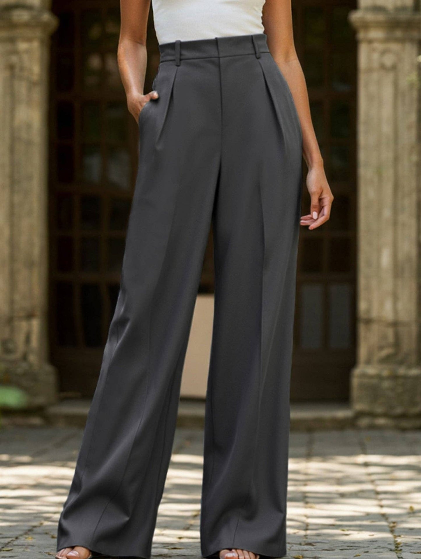 Lovene Casual loose high waist drape wide leg pants