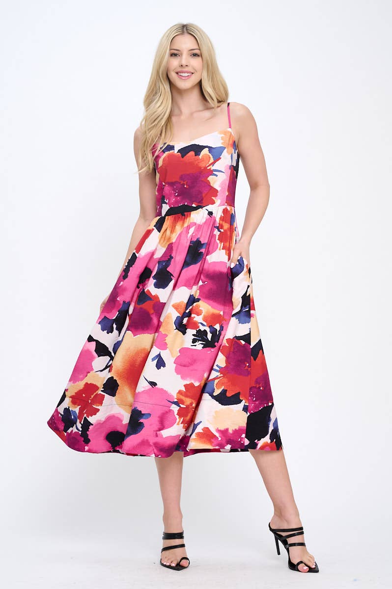 Made in USA Floral Print Midi Dress with Smock Back Detail