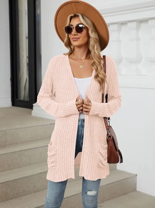 Lovesoft Solid Open Front Long Sleeve Ribbed Knit Cardigan