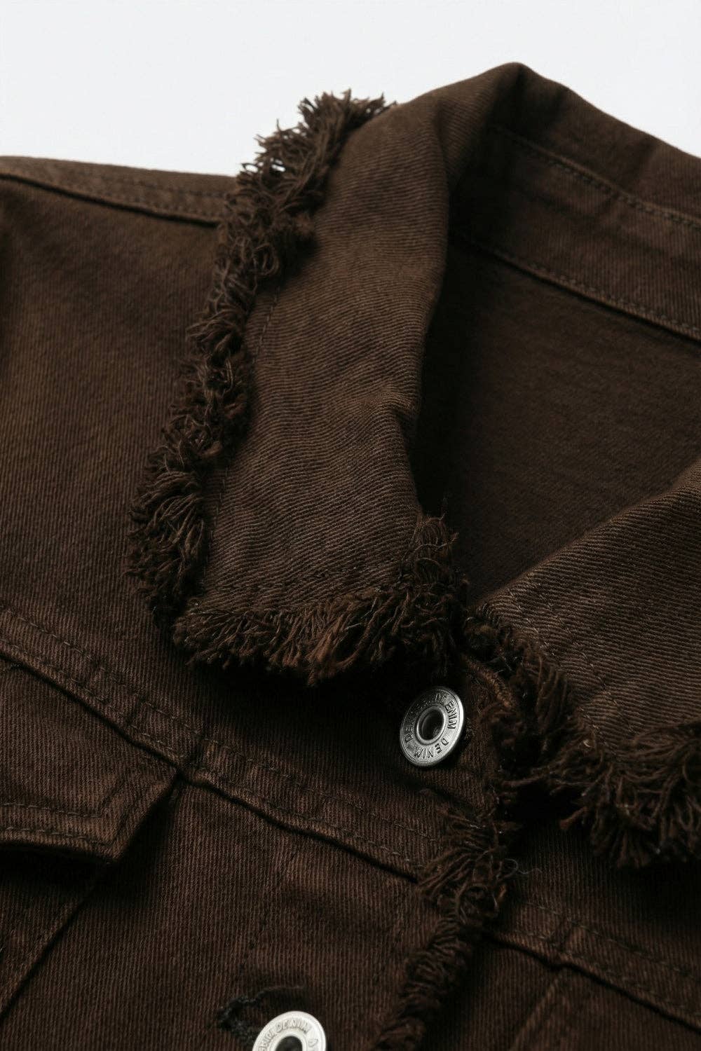 Raw edge denim jacket in chocolate color