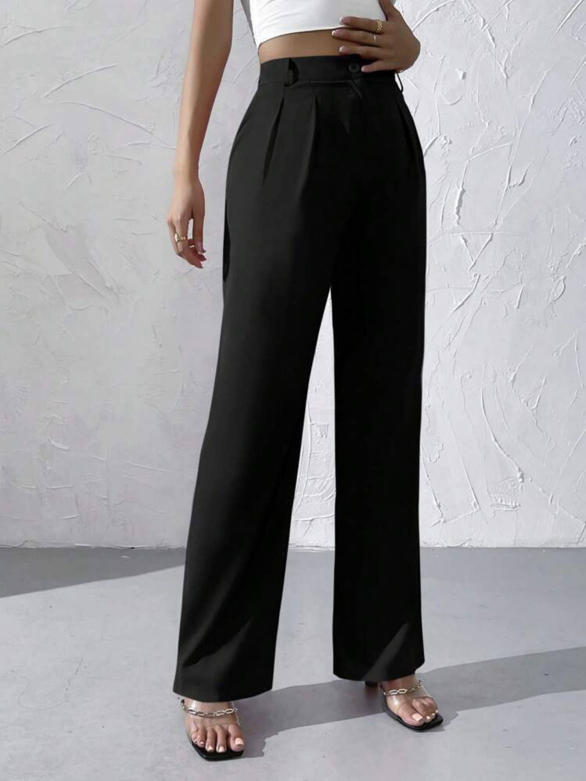 Doublju Elegant solid color dangling wide-leg suit pants