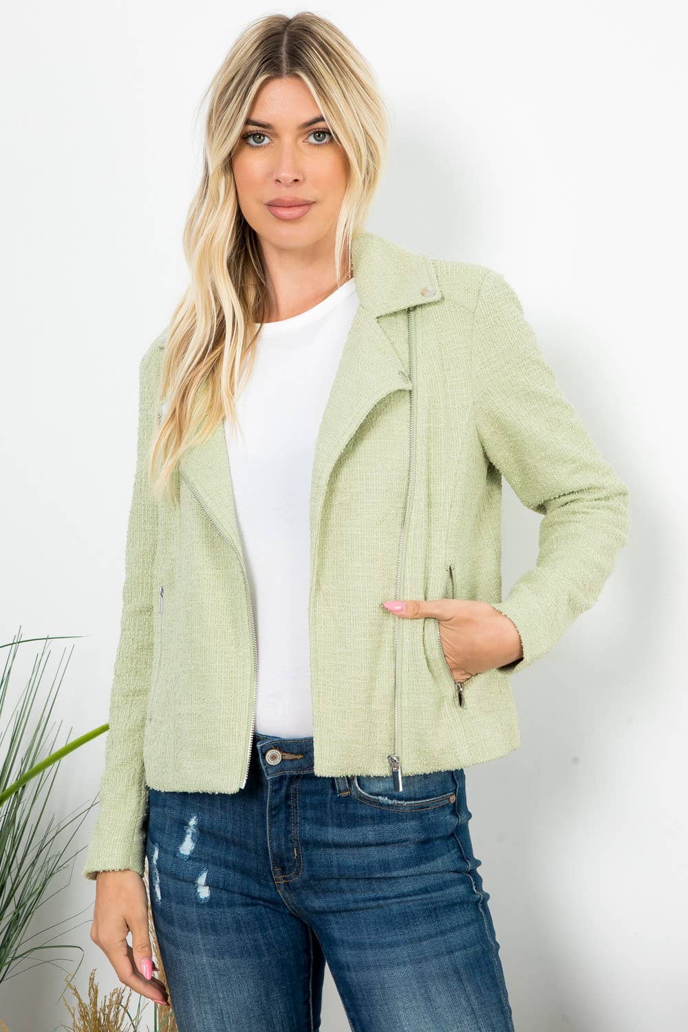 Solid Boucle Long Sleeve Moto Jacket