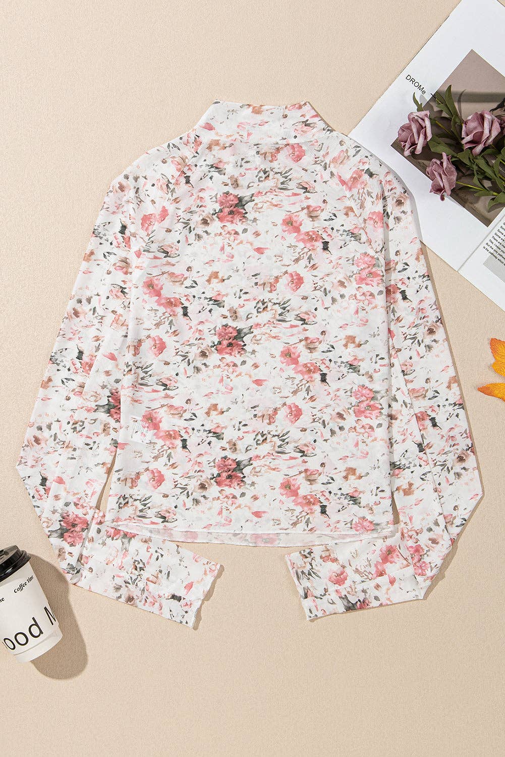 Tulip Floral Mesh Mock Neck Top