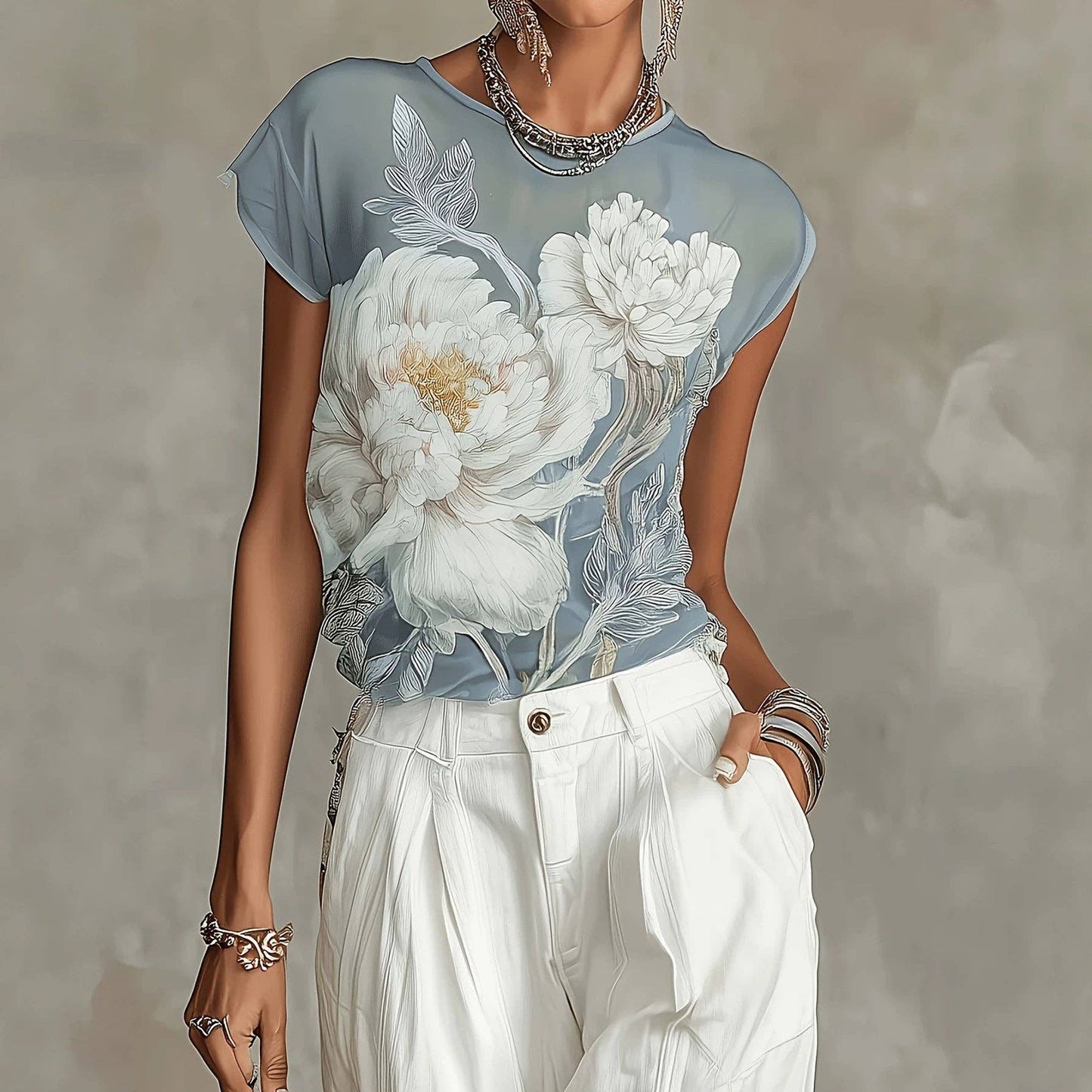 Women Dusty Blue Floral Mesh Short Sleeve Blouse