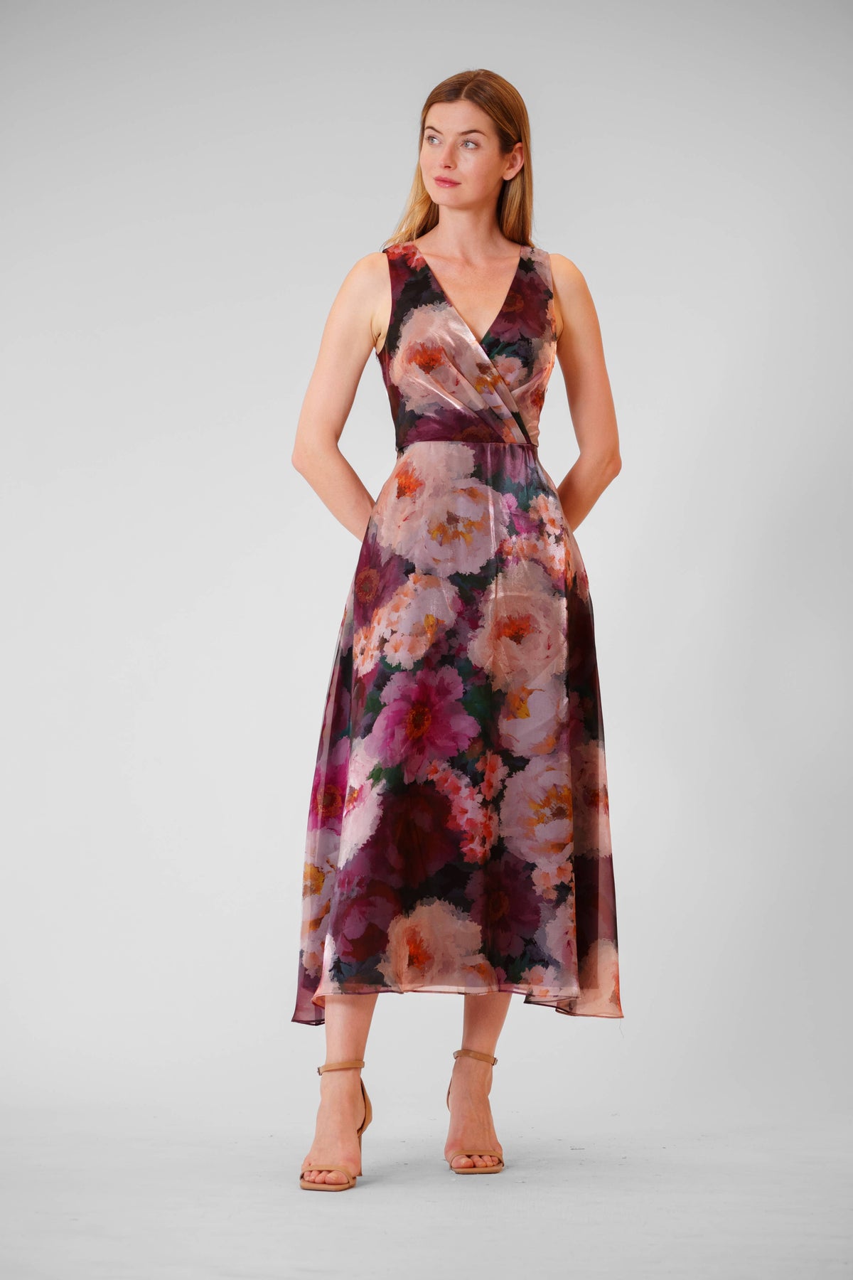 Julian Jordan V-NECK SLVLESS PRINTED ORGANZA MIDI GOWN