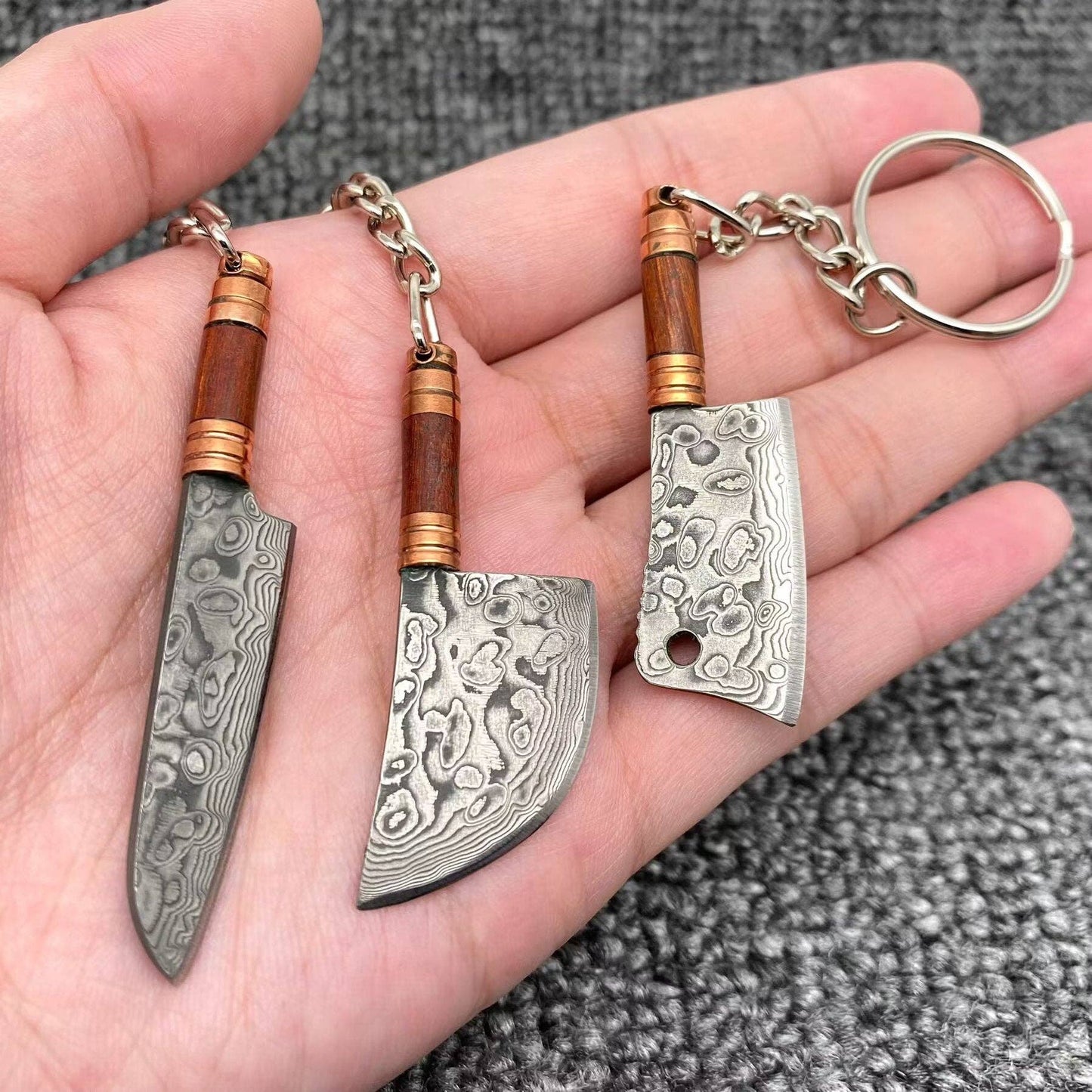 Damascus Blade Wooden Handle Portable Knife Keychain
