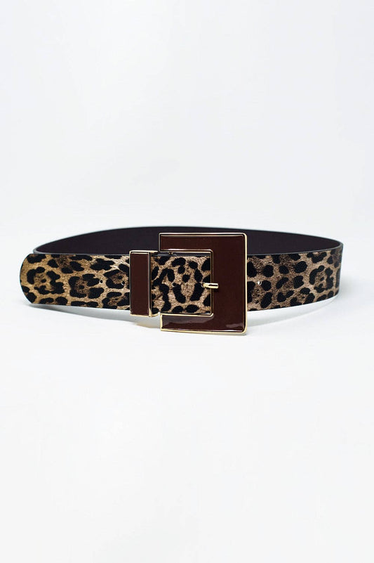 Q2 Wide leopard belt in dark brown with black square buckle