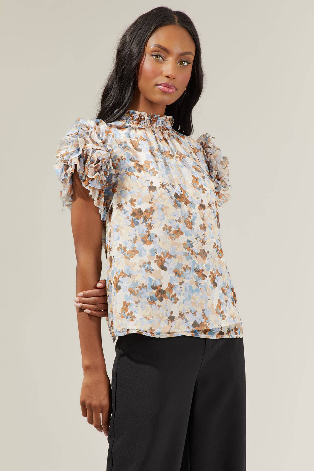 Sugar Luna Floral Brenna Mock Neck Ruffle Blouse