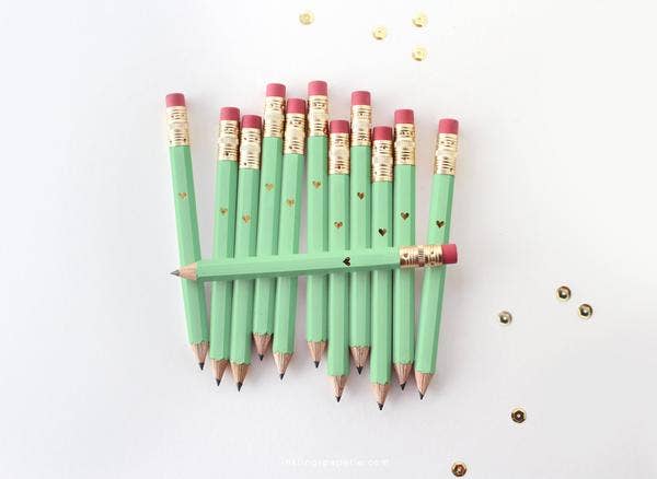 Mini Pencils - Gold Heart/Mint