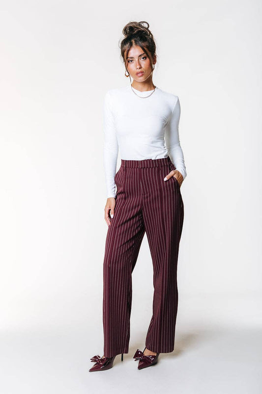 Clourful Rus Pinstripe Straight Pants | Merlot Red