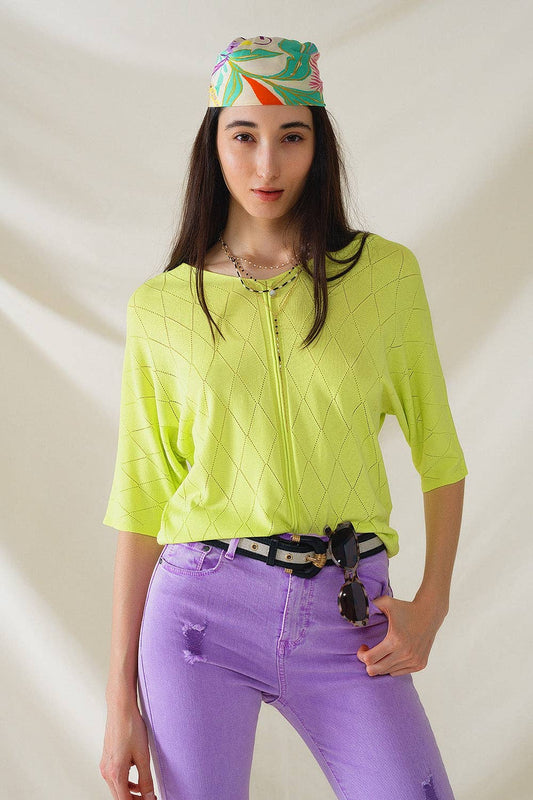 Q2 Lime Colored Short Sleeve Sweater With Argyle Pattern One Size