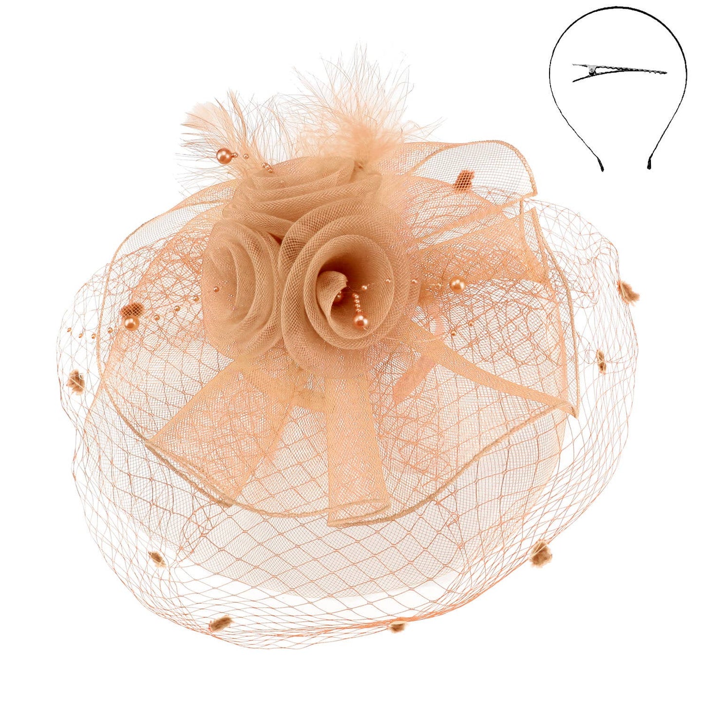 Sophia Double Rose Mesh w/ Dotted Veil & Feathers Fascinator