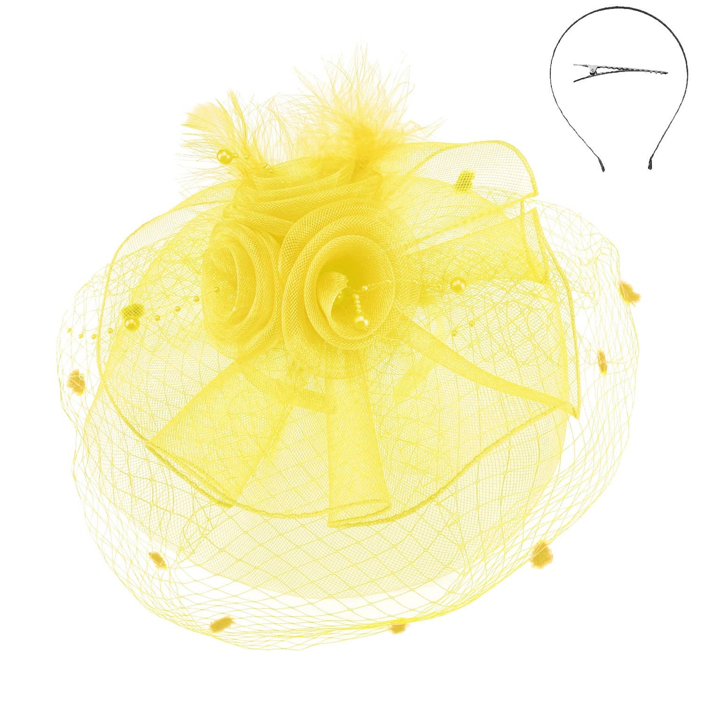 Sophia Double Rose Mesh w/ Dotted Veil & Feathers Fascinator