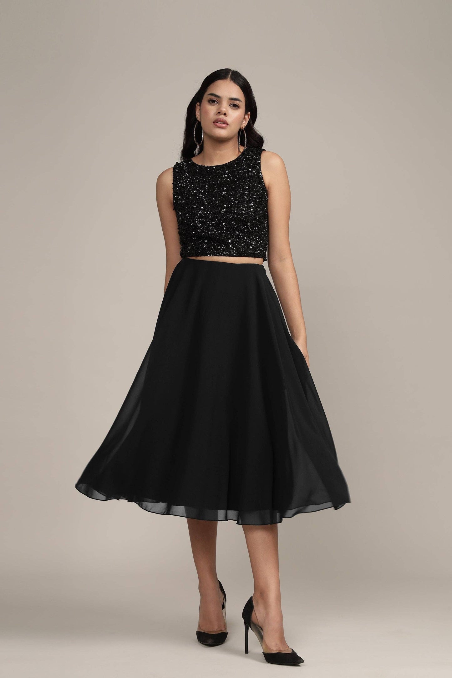 Lace & Beads Skye Midi Skirt in Black