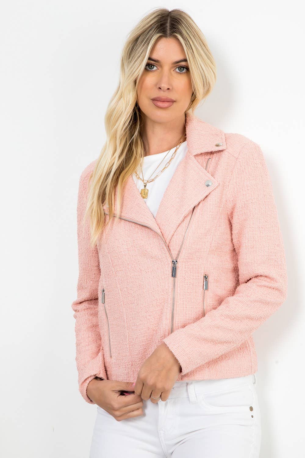 Solid Boucle Long Sleeve Moto Jacket