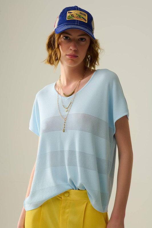 Q2 Baby Blue V-neck sweater with open knit detail One Size