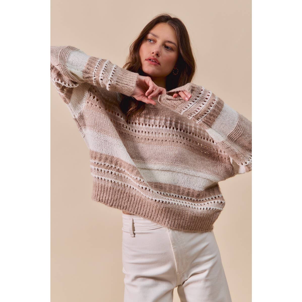 So Me VARIEGATED STRIPE TEXTURED LOOSE FIT SWEATER TOP