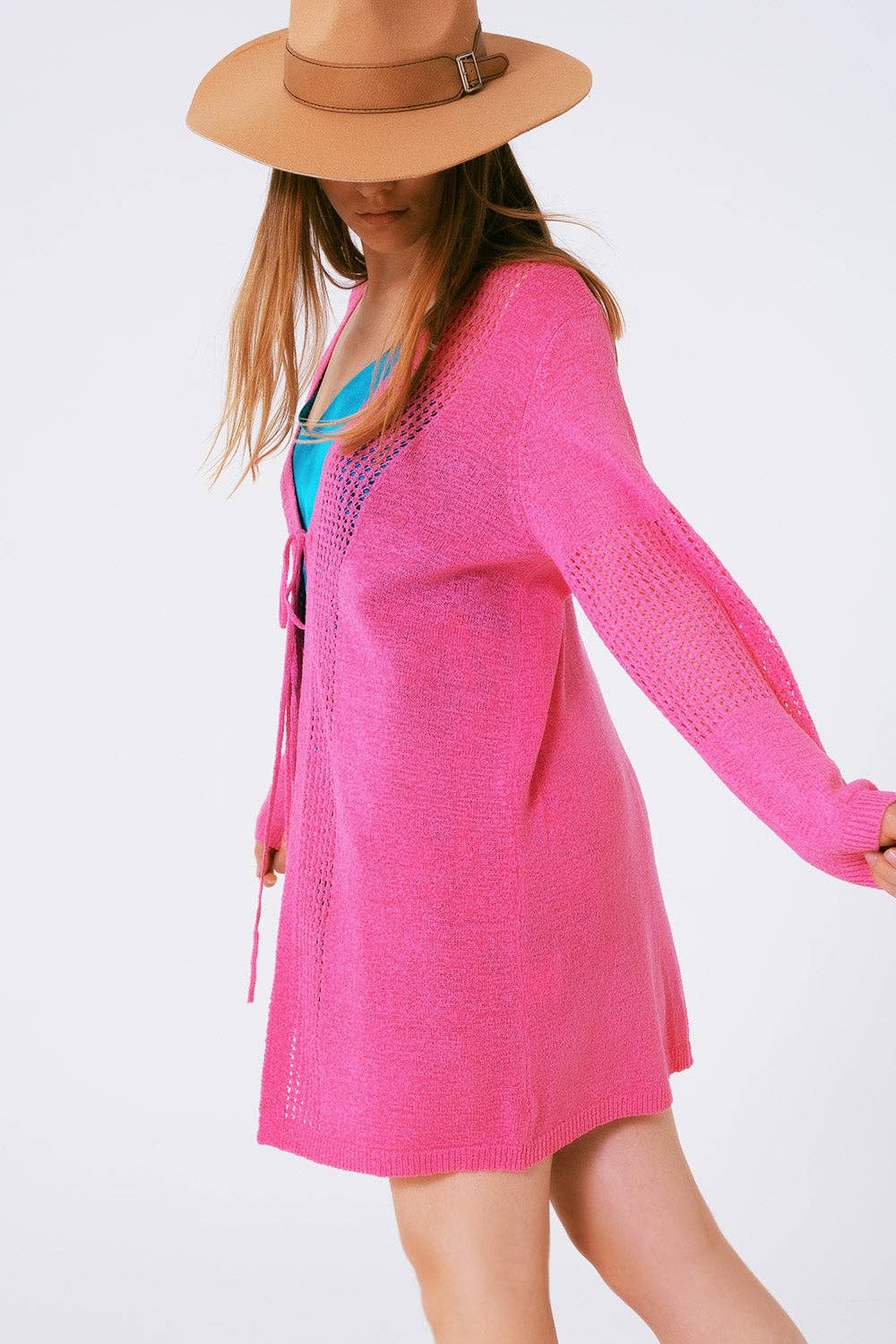 Q2 Midi Crochet Drawstring Cardigan in Pink