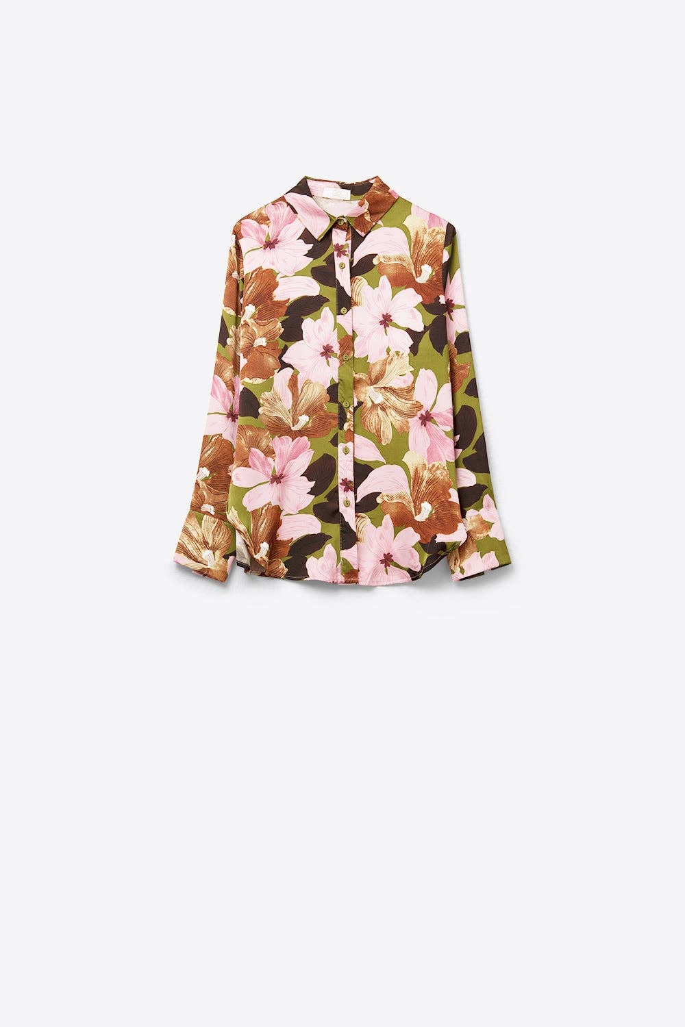 Q2 Satin Finish Tropical Floral Shirt in Olive Green