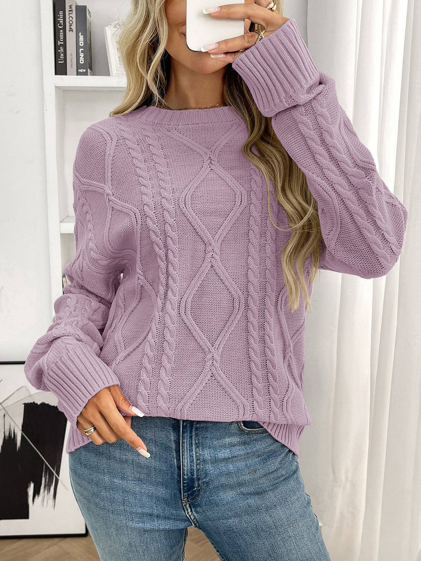 Lovesoft Women’s Vintage Cable Knit Sweater Crew Neck Loose Fit