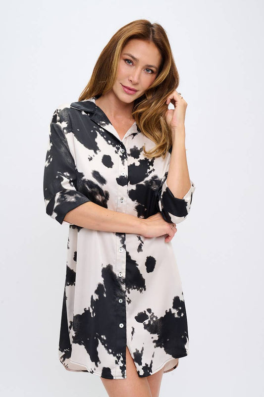 Renee C Made in USA Cow Print Collared Dress with Hi-Low Hem