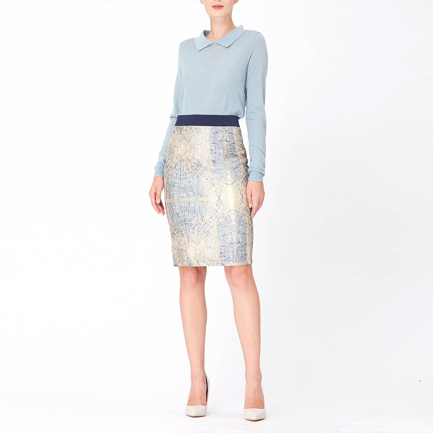 Smart Straight bi-material brocade skirt